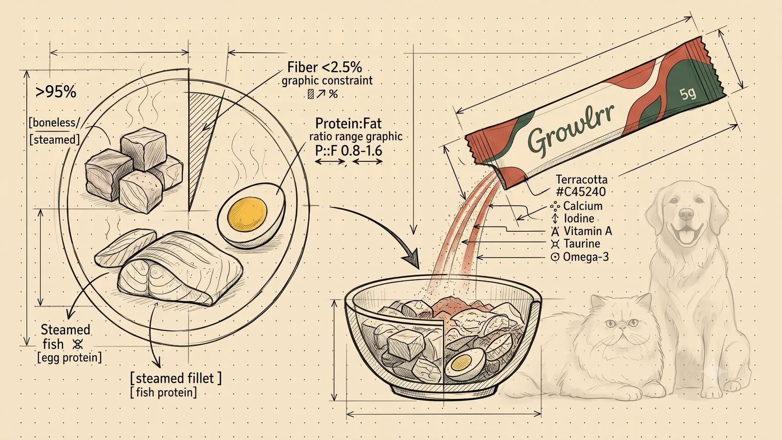 The BARC framework, drawn Engineer's sketch of the BARC framework — the plate split by its numerical constraints, boneless steamed food, and the sachet pouring calcium, iodine, vitamin A, taurine and omega-3 into the bowl