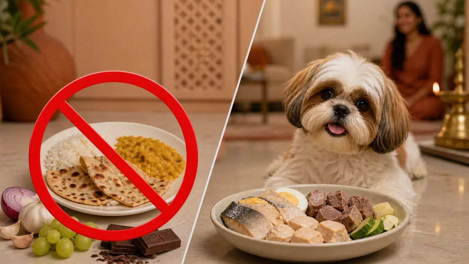 Can dogs eat rice, roti and chicken? (the Indian kitchen list) Indian kitchen foods a dog can eat — rice, roti, boiled chicken, curd and vegetables laid out with a hopeful labrador watching