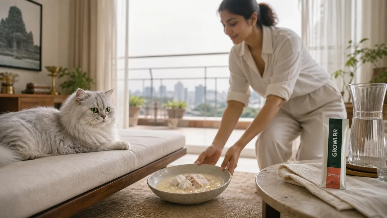 Homemade cat food guide A cat at a high-moisture fresh food bowl — homemade cat food done right for Indian heat