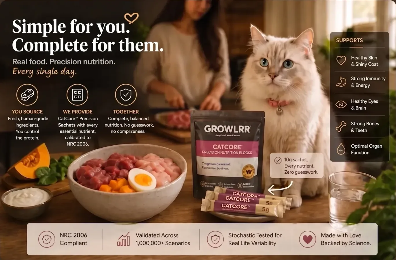 CatCore™ — the cat Bowl Balancer CatCore precision sachets beside a fresh home-cooked cat bowl — simple for you, complete for them