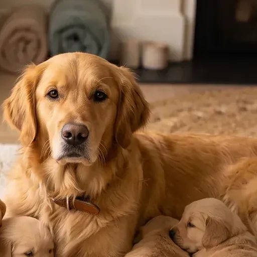 A nursing mother dog with her litter