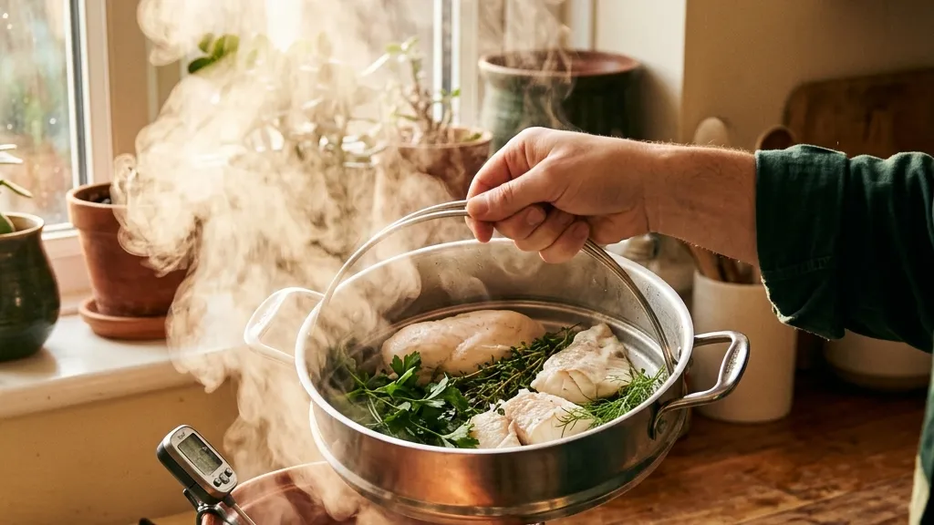 Fresh food for dogs and cats Gently steaming fresh fish and herbs for a pet meal — light cooking keeps nutrients while removing the biological hazards of raw feeding