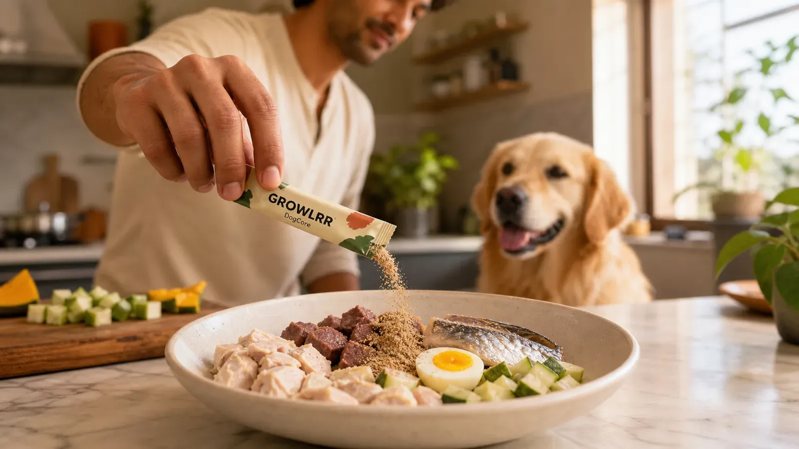 Do home-cooked dogs & cats need a supplement? Sprinkling a Growlrr BowlBalancer supplement sachet over homemade dog food — the 5 grams that complete the bowl