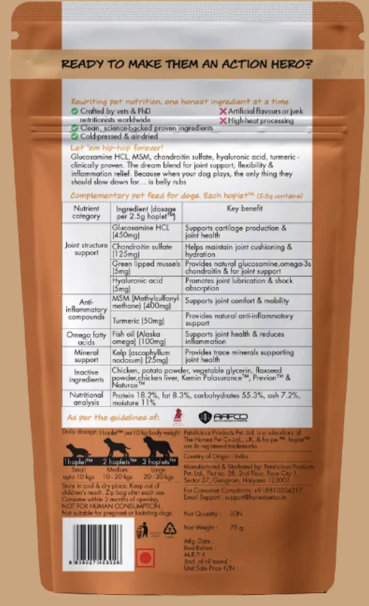 What is the best supplement for dogs? Back of pack of the ho.pe. Hip + Joint Chicken Hoplet, as shown on the brand's own product page — headed Complementary pet feed for dogs, listing green lipped mussels at 5 mg per 2.5 g chew, with a nutritional analysis of 55.3% carbohydrates