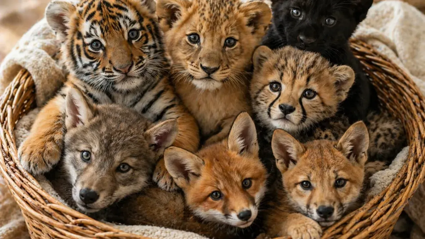Got a new puppy or kitten? A basket of baby carnivores — cubs of the cat family and pups of the dog family together, the wild version of a new puppy or kitten at home
