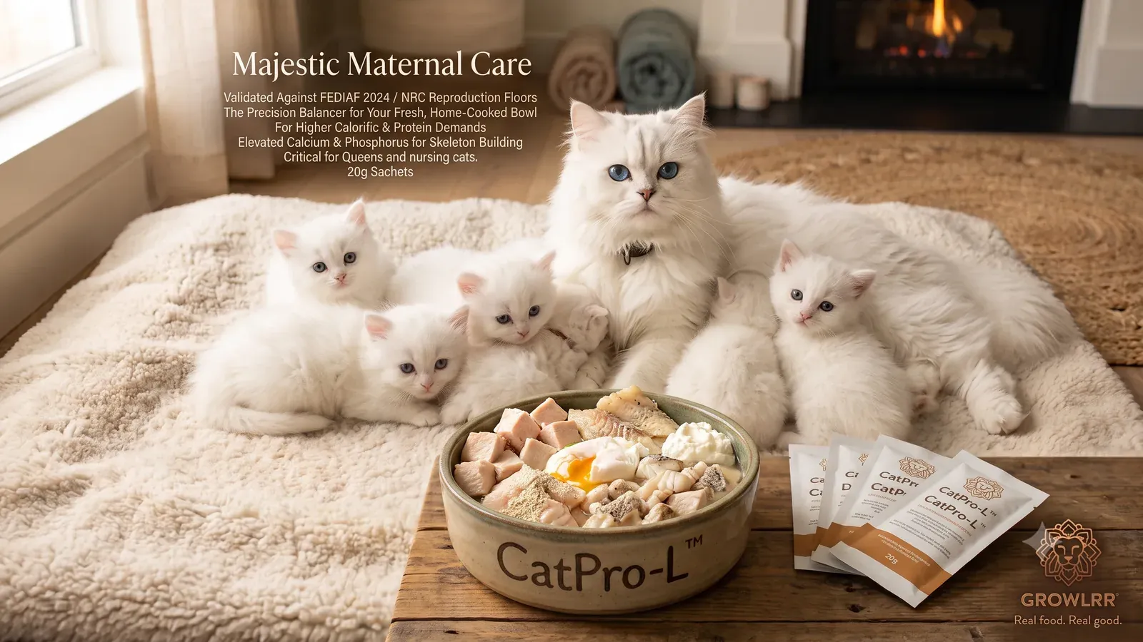 CatPro-L — nursing queen with her kittens beside a fresh bowl and 20 g CatPro-L sachets