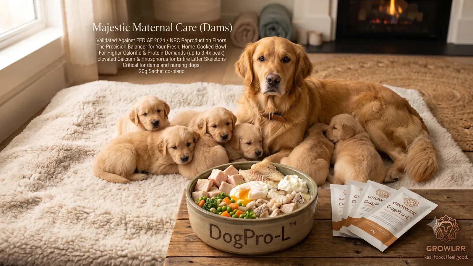 DogPro-L — nursing dog with her litter beside a fresh bowl and 20 g DogPro-L sachets