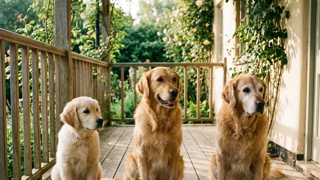 Feeding puppies, adults & seniors: a life-stage diet guide A puppy, adult and senior Golden Retriever side by side with graded fresh-food bowls — feeding changes at every life stage