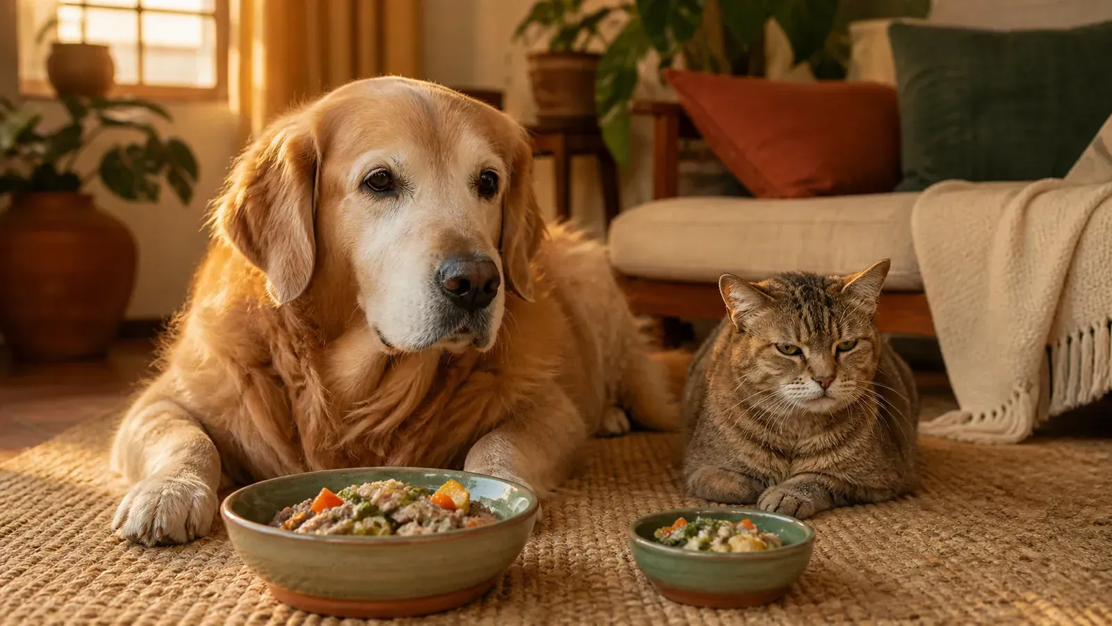 Feeding a senior dog or cat A senior dog and senior cat with gentle fresh-food meals — feeding older pets for kidney and joint health