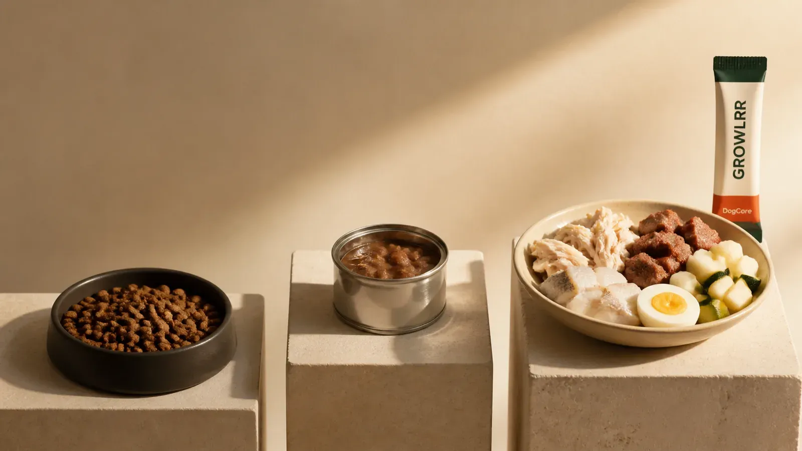 Kibble vs wet vs raw vs fresh Kibble, wet food and a fresh balanced bowl compared side by side