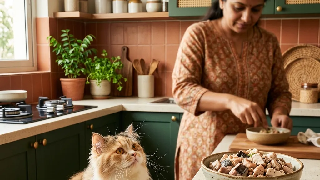 What to feed my cat A cat waiting in an Indian kitchen while a fresh chicken-and-fish bowl is prepared — what to feed a cat at home