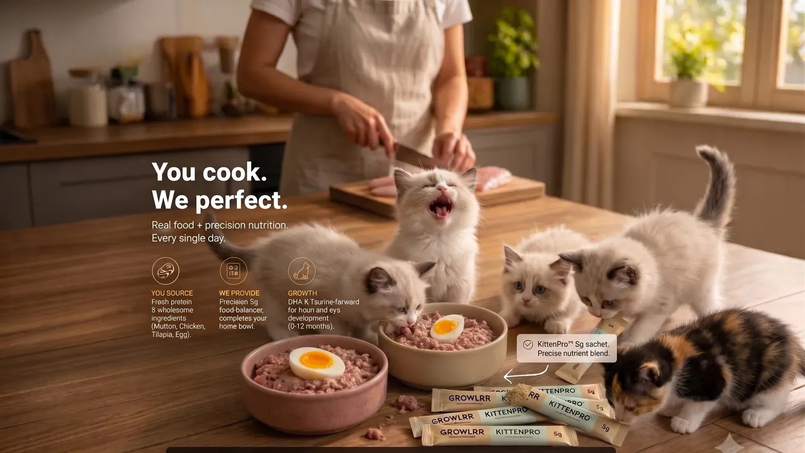 KittenPro — kitten beside a fresh home-cooked bowl and Growlrr growth sachets