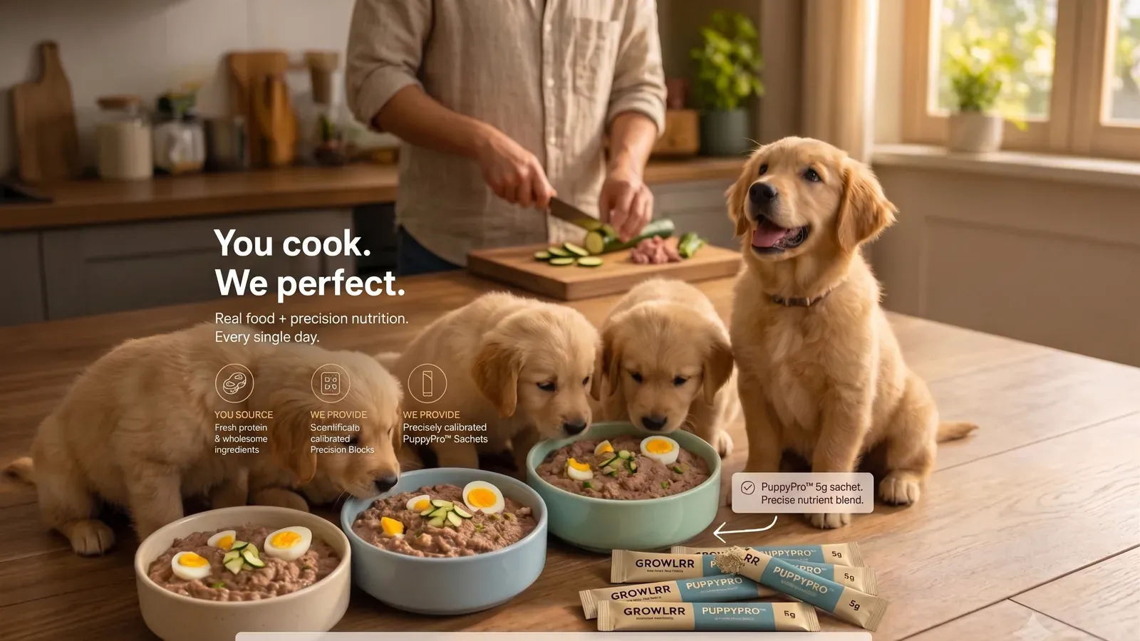 PuppyPro — puppy beside a fresh home-cooked bowl and Growlrr growth sachets