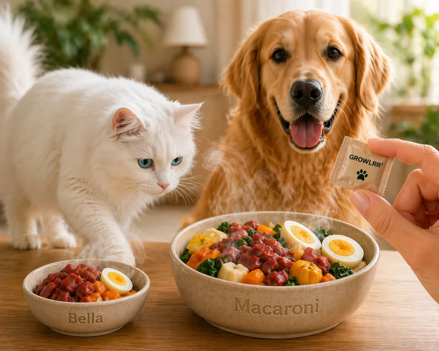 Bella and Macaroni — white cat and golden retriever with fresh food bowls and Growlrr precision sachet