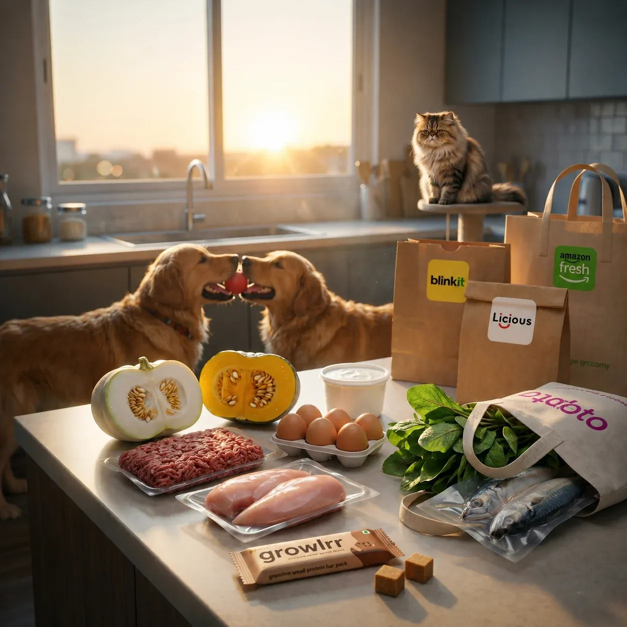 Homemade pet food ingredients — Blinkit, Amazon Fresh, Licious, Zepto groceries with a Growlrr sachet in a warm Indian kitchen