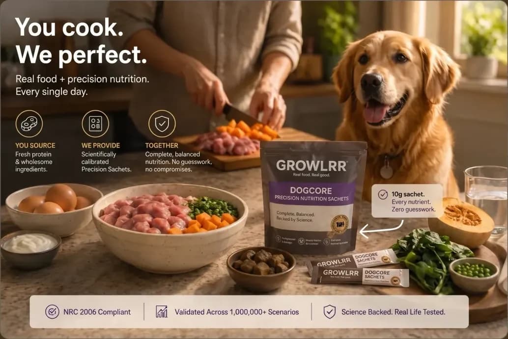 DogCore product hero — You cook. We perfect. Real food being prepped on a kitchen board with a healthy golden-coated dog and the GROWLRR DogCore precision sachets.