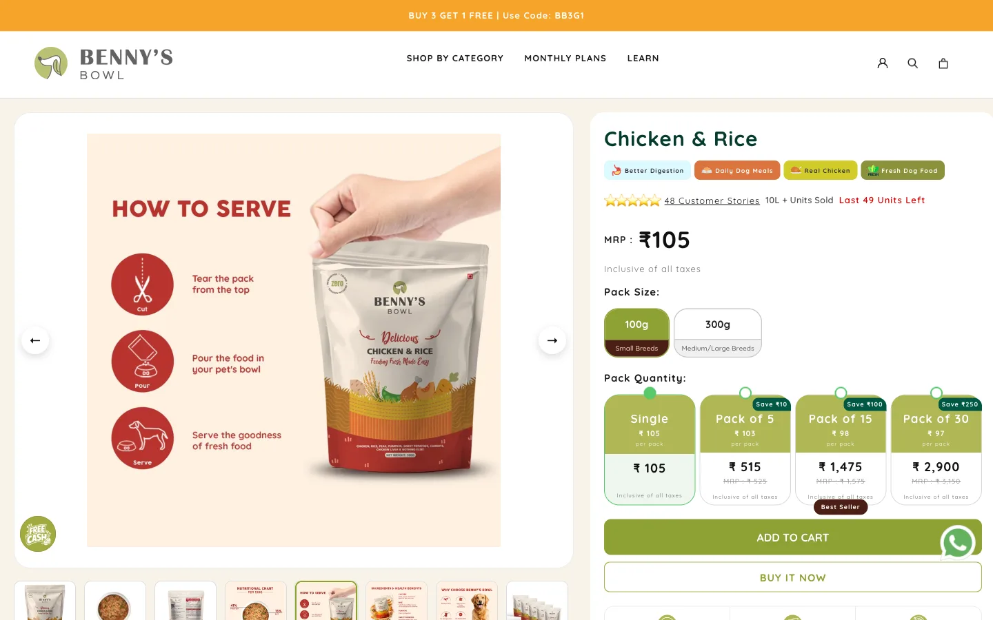 Screenshot of the Benny's Bowl chicken and rice product page showing a Fresh Dog Food badge, 'serve the goodness of fresh food' serving instructions, pack-quantity discounts and a last-units-left alert