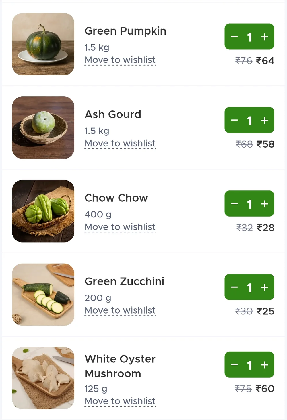 Blinkit checkout showing Green Pumpkin (the local name for yellow pumpkin) 1.5 kg at 64 rupees, Ash Gourd 1.5 kg at 58 rupees, Chow Chow 400 g at 28 rupees, Green Zucchini 200 g at 25 rupees and White Oyster Mushroom 125 g at 60 rupees
