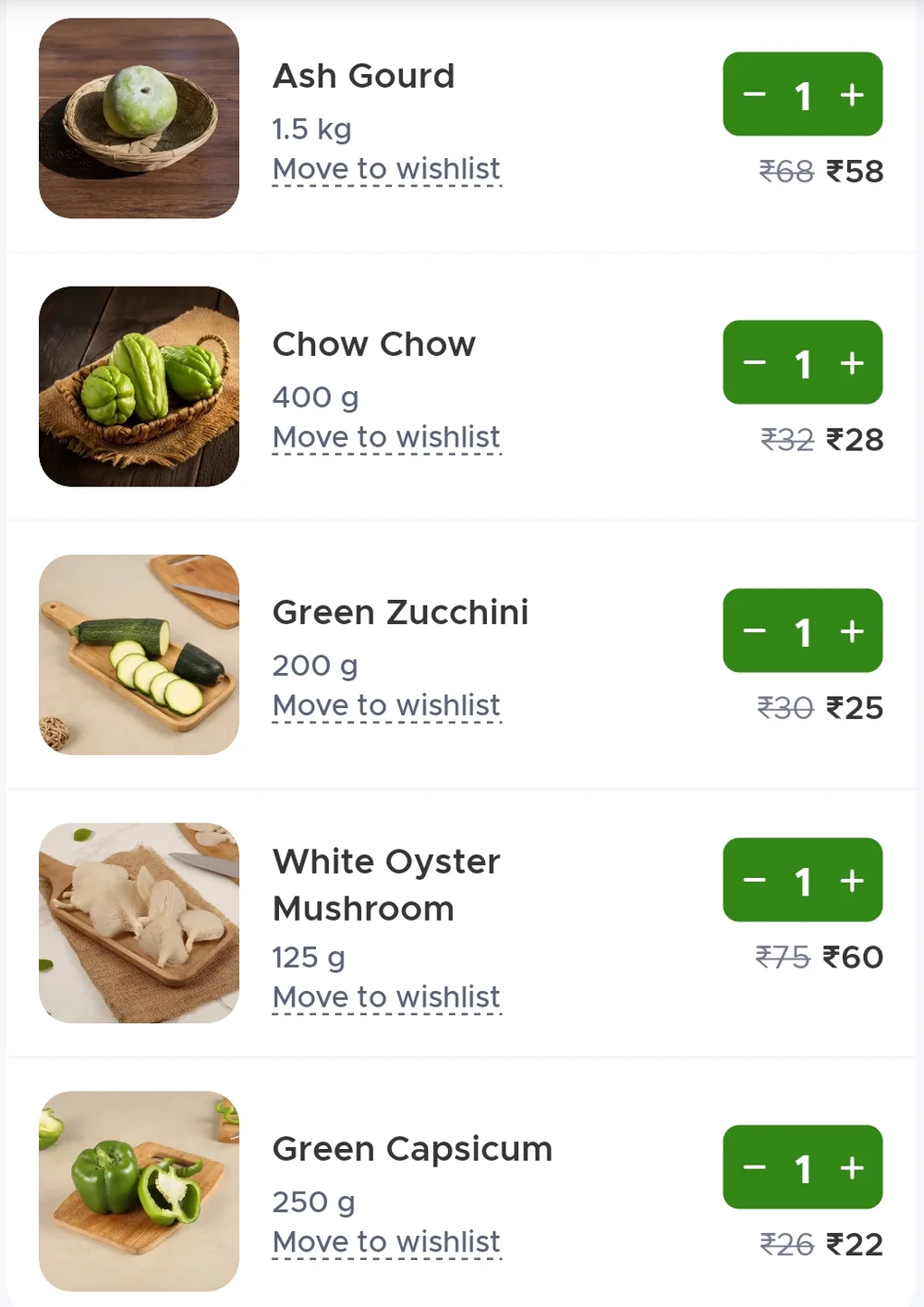 Blinkit checkout continued, showing Green Capsicum 250 g at 22 rupees alongside the other vegetables