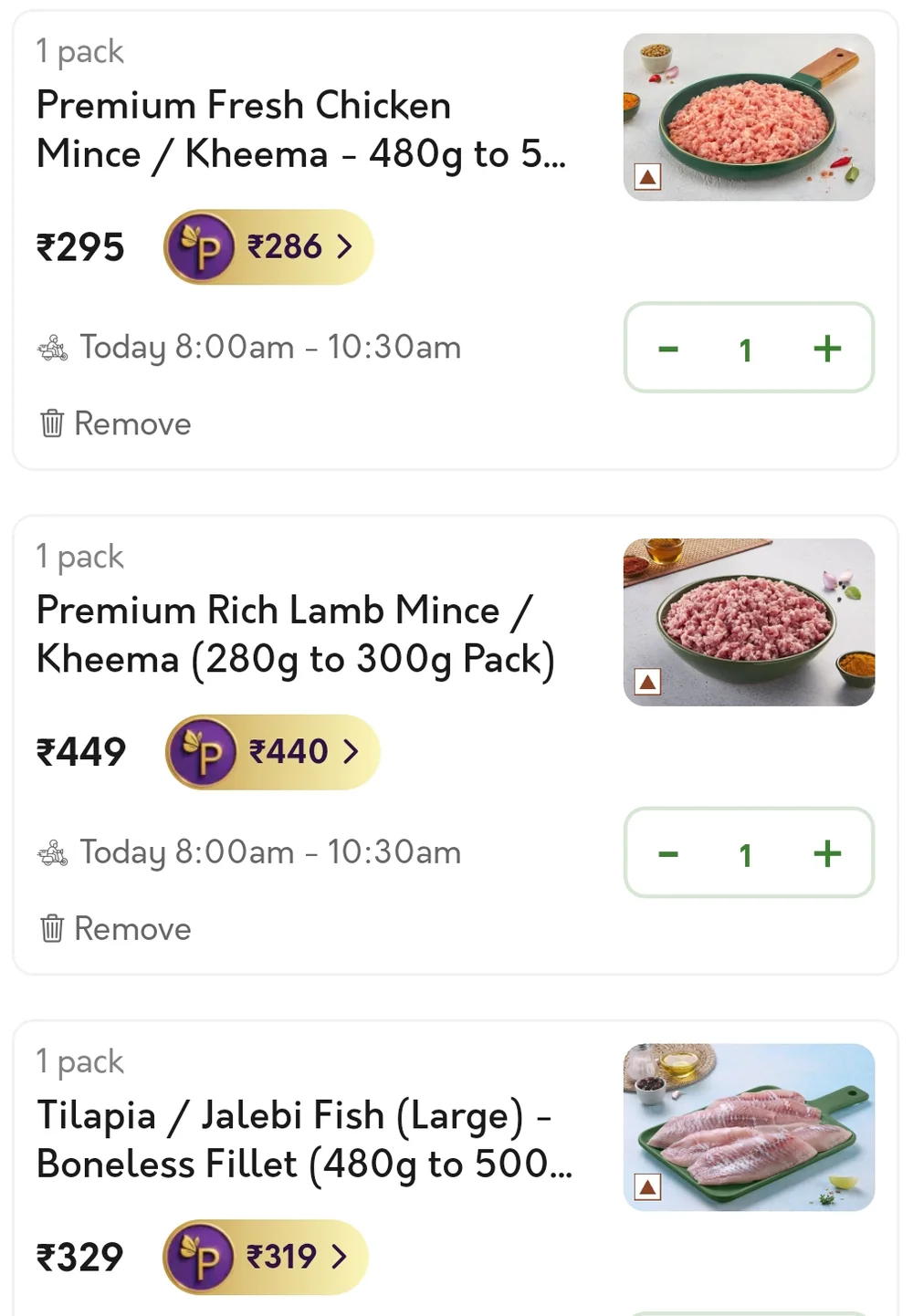 FreshToHome cart showing Premium Fresh Chicken Mince 480 to 500 g at 295 rupees, Premium Rich Lamb Mince 280 to 300 g at 449 rupees, and Tilapia Jalebi Fish Large boneless fillet 480 to 500 g at 329 rupees