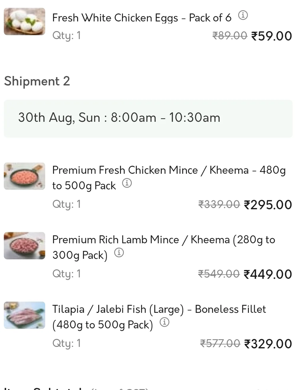 FreshToHome order review screen dated 30th August showing eggs pack of 6 reduced from 89 to 59 rupees, chicken mince from 339 to 295, lamb mince from 549 to 449, tilapia fillet from 577 to 329, and an item subtotal of 1132 rupees inclusive of GST