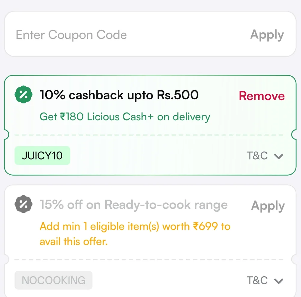 Licious coupon screen showing a 10 percent cashback offer up to 500 rupees applied with code JUICY10, returning 180 rupees of Licious Cash plus on delivery