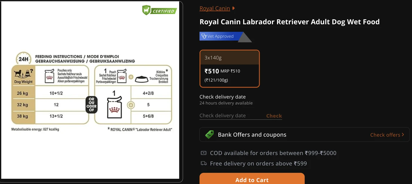 Royal Canin Labrador Retriever Adult wet food product page showing the feeding instructions panel: 26 kg dogs need 10 and a half pouches per day, 32 kg need 12, 38 kg need 13 and a half, with metabolisable energy of 827 kcal per kg, and an alternative column offering one pouch plus dry kibble