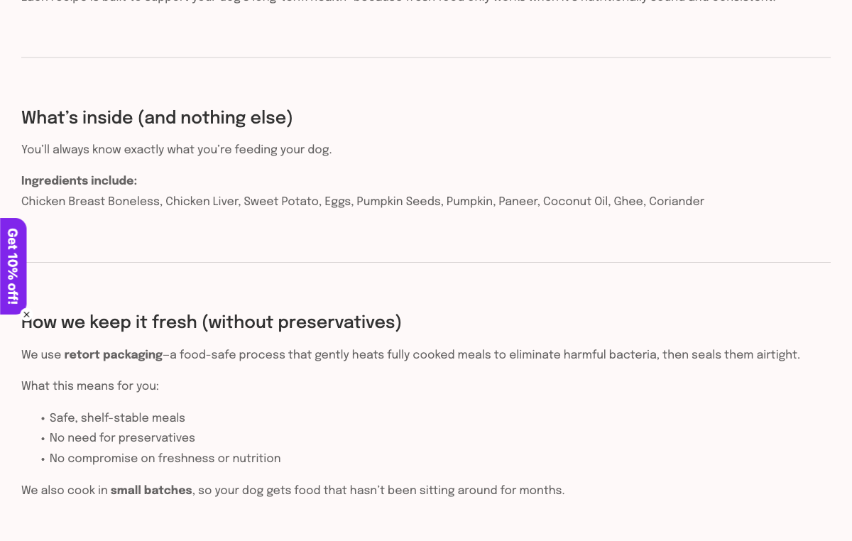 Product page section titled How we keep it fresh without preservatives, describing retort packaging that heats fully cooked meals, with a bullet list including safe shelf-stable meals, captured 30 August 2026