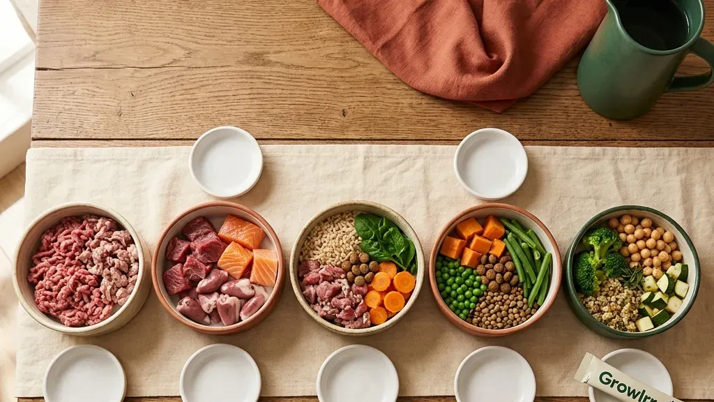 Comparison illustration of five home feeding approaches for dogs, from kibble and wet food through raw and home-cooked to a corrected fresh bowl