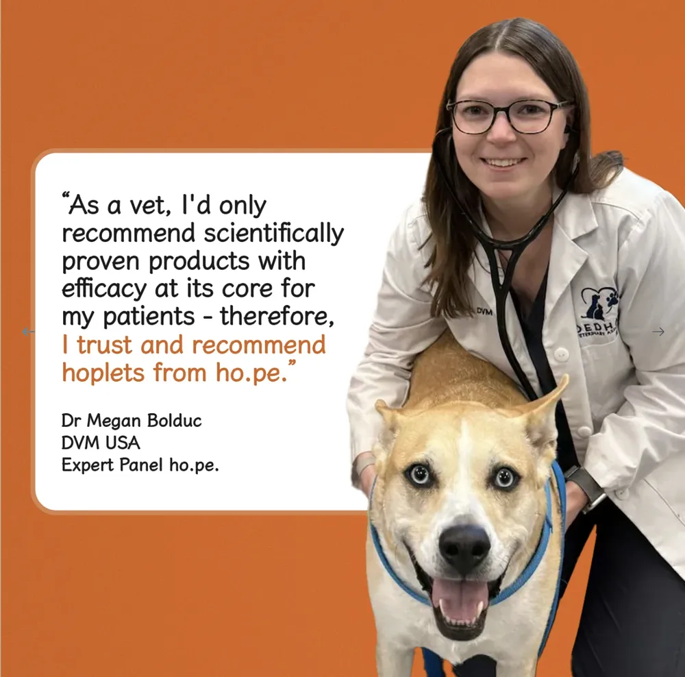 Card from the ho.pe. Hip + Joint product page: a veterinarian in a white coat and stethoscope holding a dog, with the quote As a vet, I would only recommend scientifically proven products with efficacy at its core for my patients — therefore, I trust and recommend hoplets from ho.pe., signed Dr Megan Bolduc, DVM USA, Expert Panel ho.pe.